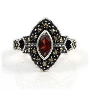 JUDITH JACK Sterling Silver Garnet Marcasite Ring